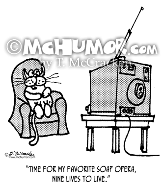 Cat Cartoon 3053: Cat watching TV saying, "Time for my favorite soap opera, Nine Lives to Live."