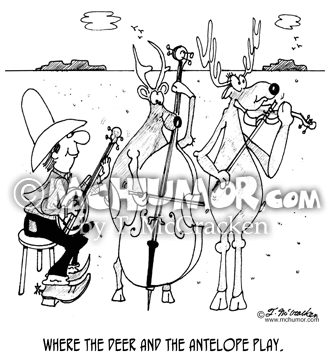 Music Cartoon 4686: "Where the deer and the antelope play." Deer and antelope play a bass and a violin with a cowboy playing a banjo.