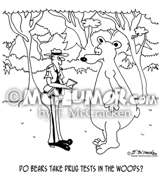 Bear Cartoon 4880: A ranger handing a bear a beaker. "Do bears take drug tests in the woods?"
