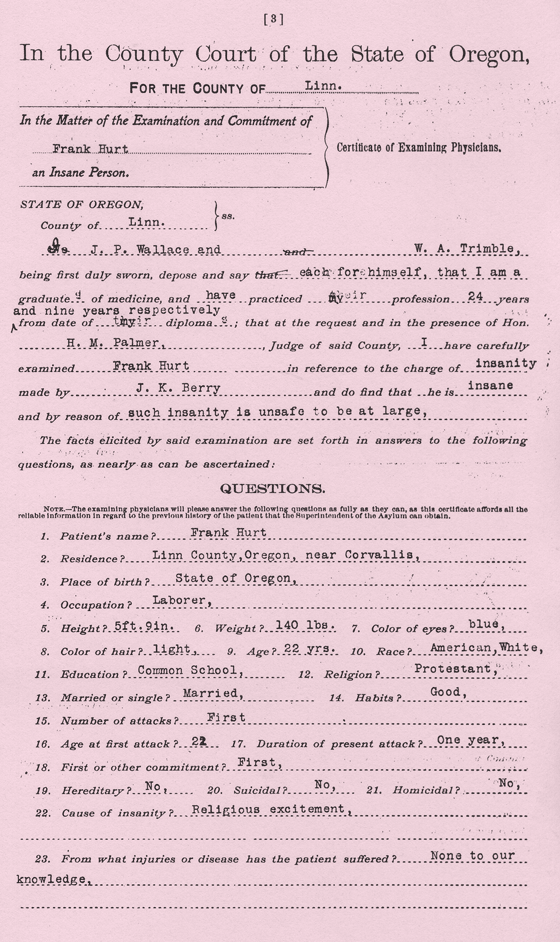 Frank Hurt's Insane Asylum Commitment Documents