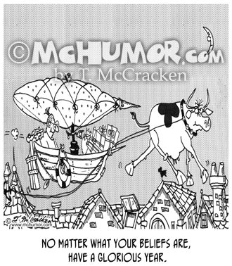 Holiday Cartoon 5831: A Hari Krishna rides as flying sleigh pulled by a cow: "No matter what your beliefs are, have a glorious year."
