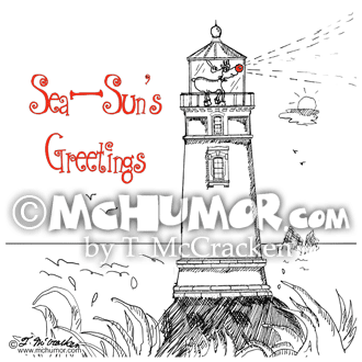 Christmas Cartoon 6619: "Sea-Sun's Greetings." Rudolph's, The Red Nosed Reindeer, is the light in a lighthouse.
