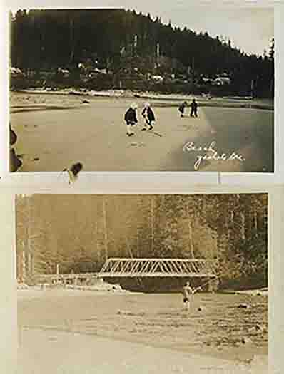 Old photos of children playing on the Yachats River bank and a fisherman